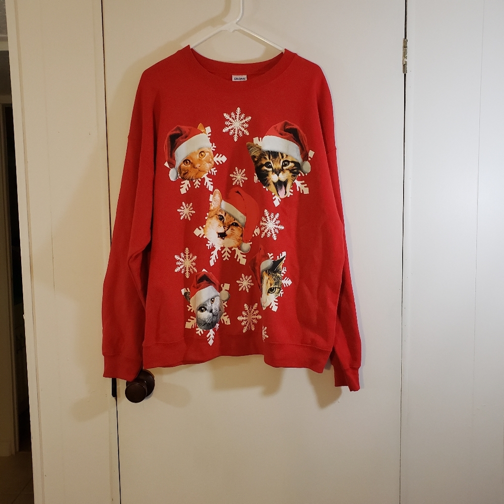Ugly Christmas Sweater Men's Red Pullover Sweatshirt Size XL Screenprint Cats